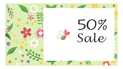 Vector wildflower sale banner with bee and 50 off text in floral border