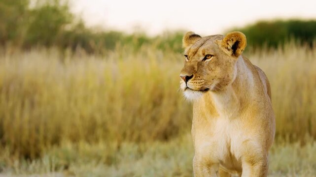 Close up of face of a Maneless Barbary Lion Panthera leo standing in Mabuasehube, Botswana, South Africa 