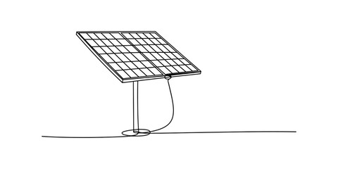 Minimalist line art depicting a photovoltaic solar panel on a stand, generating electricity. Vector, illustration