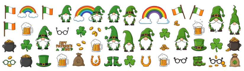 Fototapeta premium Collection of St. Patrick's Day themed illustrations, including leprechauns, pots of gold, and shamrocks.