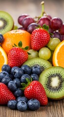 Fototapeta premium Fresh and Colorful Assortment of Summer Fruits on a Wooden Surface