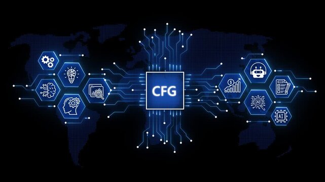 animation Fintech Regulation Concept: CFG Logo and Data Analytics Icons over Blue World Map animation on the black background.4k video.