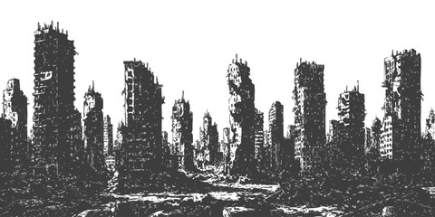 Post apocalyptic wasteland landscape with destroyed city skyline and abandoned ruined buildings silhouette vector illustration background
