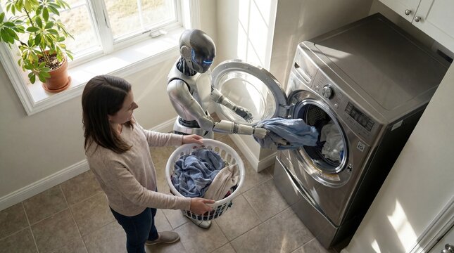Smart home robotic assistant and a woman working together to load the washing machine