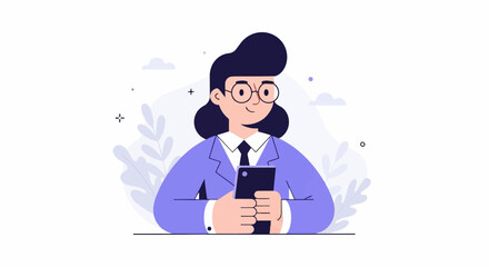 Cartoon woman in purple suit, glasses, and tie, holding smartphone, with abstract plant shapes