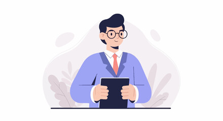 Professional man in suit and glasses holding tablet