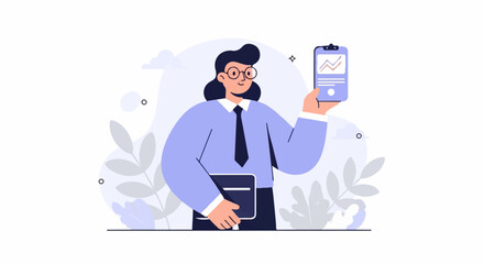 A person in business attire holds a tablet displaying a graph, with abstract foliage