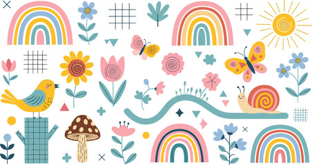 Cute Rainbow and Floral Elements Cartoon Vector Illustration Set with Bird Butterfly Snail and Mushroom © Sumon Creative
