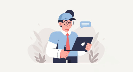 Person wearing cap and glasses, holding a tablet, with speech bubble