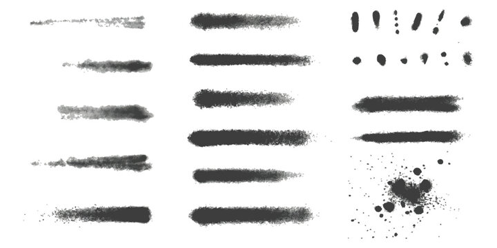 Set of black spray paint brush strokes and splatters with grunge texture isolated on white background vector illustration