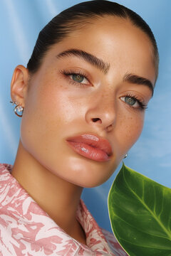 Woman in a pink patterned blouse poses with a glossy green leaf near her face. Fresh beauty portrait suits skincare, fashion, and botanical lifestyle branding.
