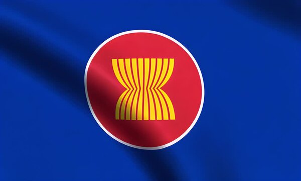 The ASEAN flag with a red circle and yellow lines on blue background