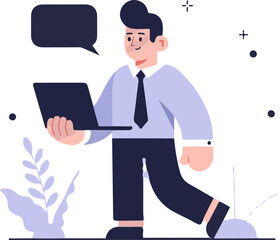 A man in a blue shirt and tie holds a laptop and a speech bubble