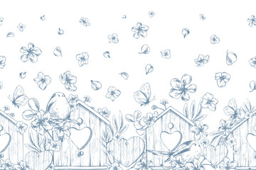Wooden birdhouses with birds and apple blossoms. Hand-drawn ink line art graphic illustration. Seamless border pattern, easy, summery, spring-inspired, perfect for holidays and weddings. © NATASHA-CHU