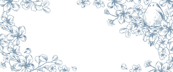 Apple blossom branches with a bird and flowers. Hand-drawn ink line art graphic illustration. Rectangular frame banner template for text, design for spring, summer holidays, and weddings. © NATASHA-CHU