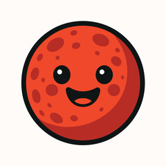 Fototapeta premium A cartoon red planet with a smiling face and craters on a white background.