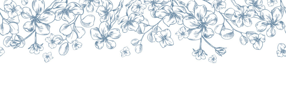 Blooming apple tree branches with lovely forget-me-nots and eucalyptus branches. A hand-drawn graphic illustration in line art style with ink. A seamless border pattern for spring holiday, wedding.