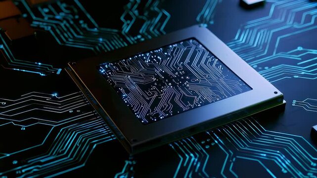 Extreme close-up of microprocessor on circuit board with glowing data traces, semiconductor chip core active, high speed computing hardware, modern electronics and digital processing technology.