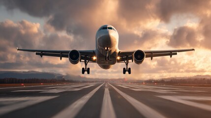 Fototapeta premium Airplane Taking Off at Sunset Over Runway with Dramatic Sky and Clouds, Aerial View of Aircraft Departing in Golden Light, Aviation in Motion