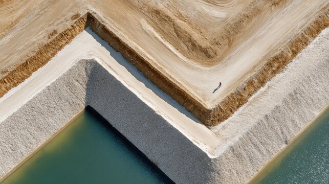 View of mine tailings pond with geometric berms and clear top down pattern showing neutral color grade