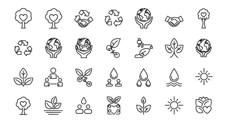 Fototapeta premium Ecological sustainability and environmental care line icon set with trees earth hands and water drops