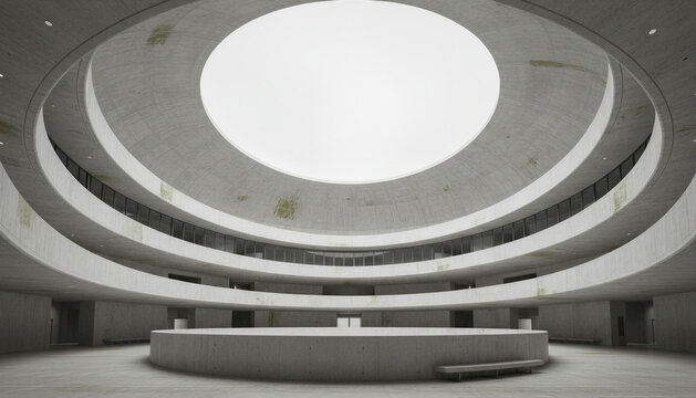 Minimalist brutalist architecture interior, circular concrete atrium with skylight, modern museum hall with round gallery levels and oculus