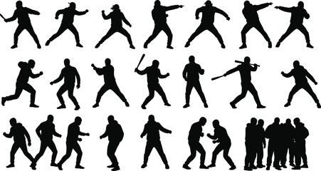 Silhouette people, action poses, confrontation stance, running figures, weapon holding, aggressive movement, teamwork group, pointing gesture, dynamic illustration, conflict scene, dramatic posture