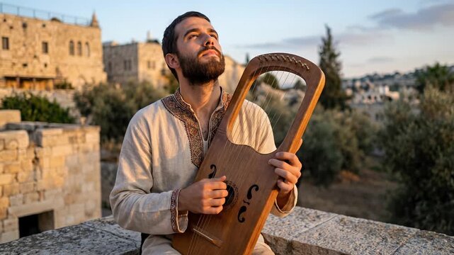 King david playing an ancient stringed psaltery instrument representing biblical King David creating inspirational music for meditation in historical Jerusalem demonstrating artistic devotion 