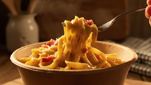 A delicious gourmet Italian meal of cooked pasta with red tomato sauce, savory bacon, and melted cheese served as a tasty spaghetti dish on a white plate for dinner