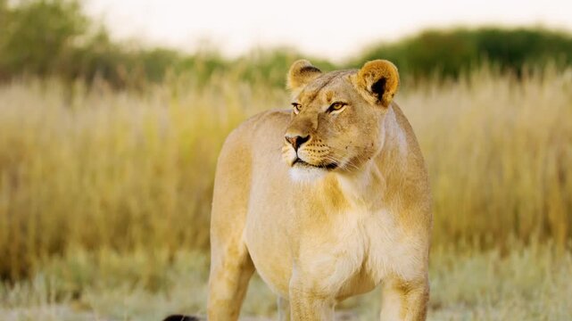 Close up of a female panthera leo lioness roaring in Savanah of Mabuasehube, Botswana, South Africa 