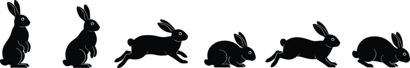 Rabbit silhouette sequence showing dynamic hopping motion, animal locomotion illustration for animation, wildlife study, educational design, minimal black vector art