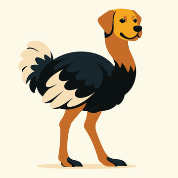 A cartoon illustration of a dog with a rooster's body and tail feathers standing on a plain beige background with a mix of brown, black, and white colors.
