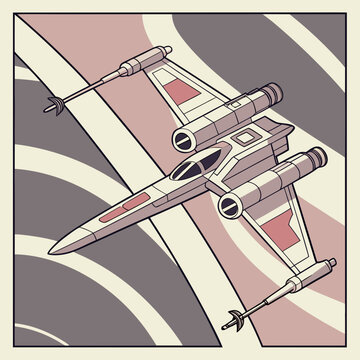 Vintage Sci-Fi Spaceship Illustration: Classic X-Wing Fighter in Retro Style with Cosmic Swirls and Minimalist Colors