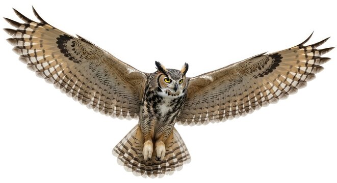 Majestic owl in mid-flight with wings spread wide against a stark white background.