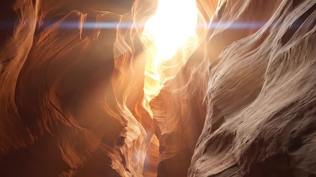 Natural rock formations in a narrow canyon illuminated by sunlight streaming through the opening, showcasing the intricate textures and colors of the sandstone walls