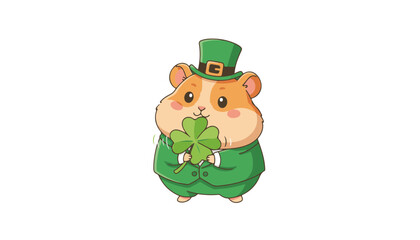 Fototapeta premium Tiny hamster in leprechaun costume holding four leaf clover for St Patricks Day social media and animal care branding