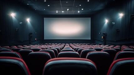 An empty cinema hall with rows of red and black seats facing a blank projection screen