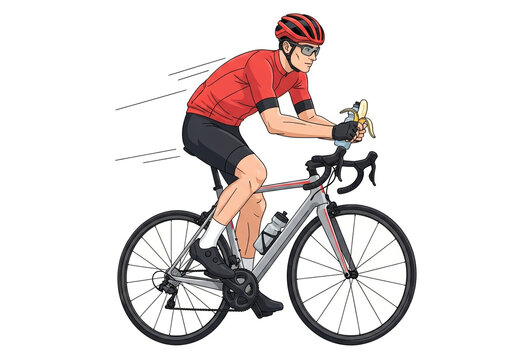 Male Road Cyclist Eating Banana for Energy While Riding Bike. Sport, Nutrition & Healthy Lifestyle. Fueling Performance, Endurance & Training Illustration on White.