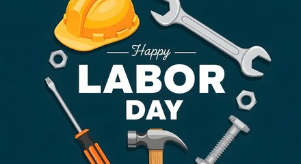 Fototapeta premium Happy labor day celebration with tools and hard hat honoring workers' contributions