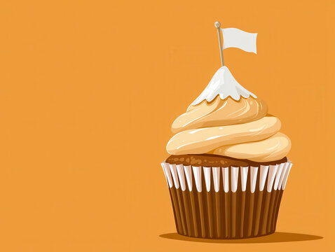 Cupcake flag mountain summit frosting dessert achievement flat design illustration on orange background, sweet victory concept with playful mood