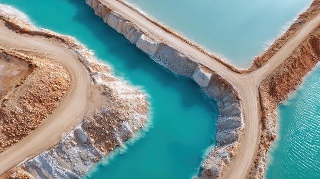 Mine tailings pond with turquoise water and geometric berms captured from a drone in detail under stark lighting conditions