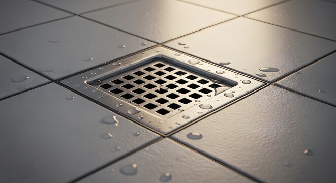 A metal floor drain with water droplets on a tiled surface