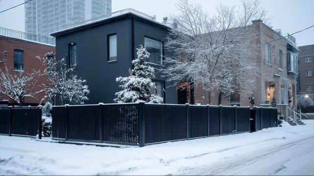 Modern house with snow-covered yard in urban winter landscape  