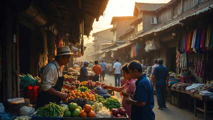 Obraz premium Traditional outdoor market street with vendors selling fresh fruits and vegetables at sunset. Travel and culture photography ideal for food industry and tourism.