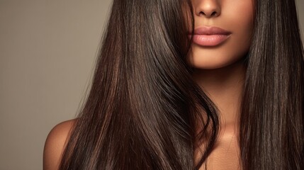 Naklejka premium Close up of woman with long straight shiny brown hair and smooth lips, beauty concept