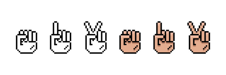 Pixel hand gestures set, fist, pointing finger and peace sign icons, retro 8 bit pixel art hands collection