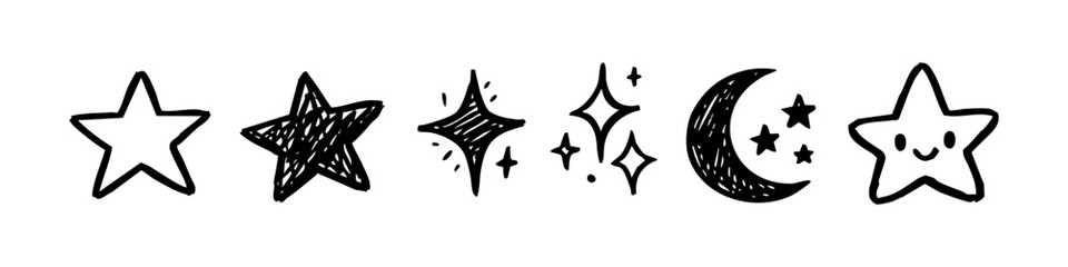 Set of hand-drawn star and crescent moon doodles. Vector black ink sketches featuring cute character, sparkles and scribble shapes on white. © Nort Kor