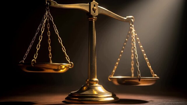 Golden balance scales symbolizing justice fairness and legal concept with dramatic lighting