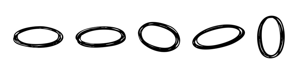 Hand-drawn black oval ring frames in a sequence showing rotation, sketchy vector illustration on a white background.