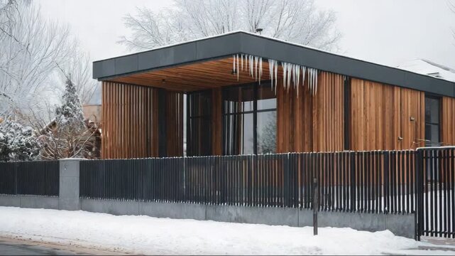 Modern wooden house with snow and icicles in winter landscape  